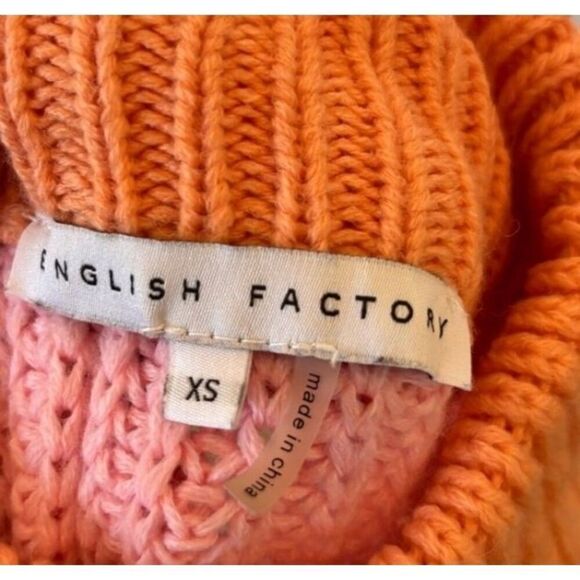 English Factory Chunky Knit Sweater Women XS Mockneck Puff Sleeve Striped Colors - Picture 4 of 5